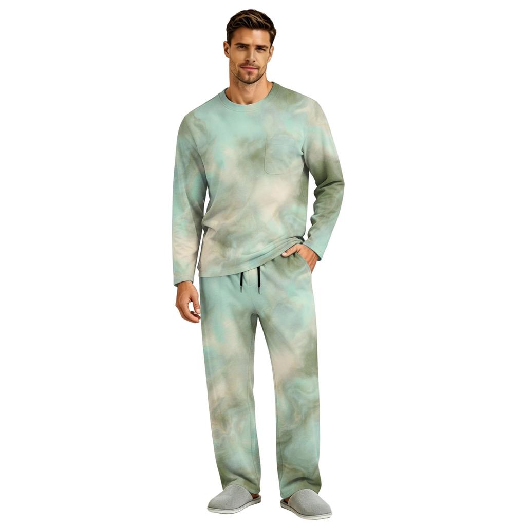Men's Pajama Set Long Sleeve Top and Pants with Button Fly and Elastic Drawstring Waist