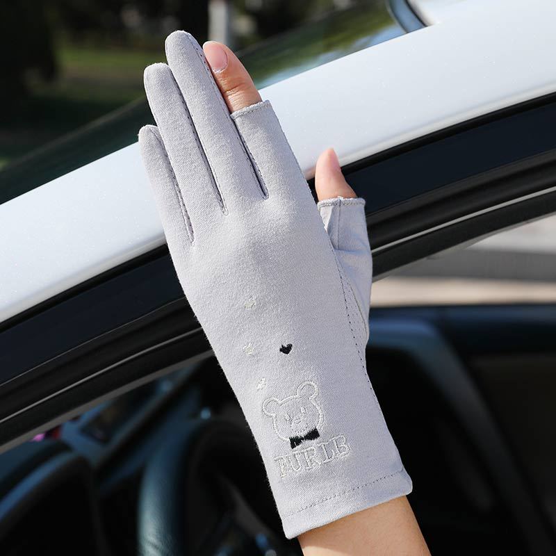 Bear Two-finger Sunscreen Gloves Women's Summer Non-slip Thin Cotton Sweat-absorbing Gloves Breathable Fashion Cycling Short Touch Screen