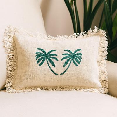 Linen Cushion 30x50cm Palm Tree With Fringe