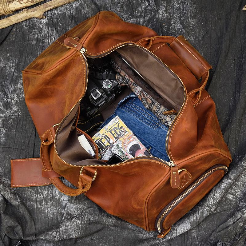 Vintage Crazy Horse Leather Handbag Fitness Luggage Bag 20 Inch Men'S Shoulder Oblique Span Bag Travel Bag With Shoe Space