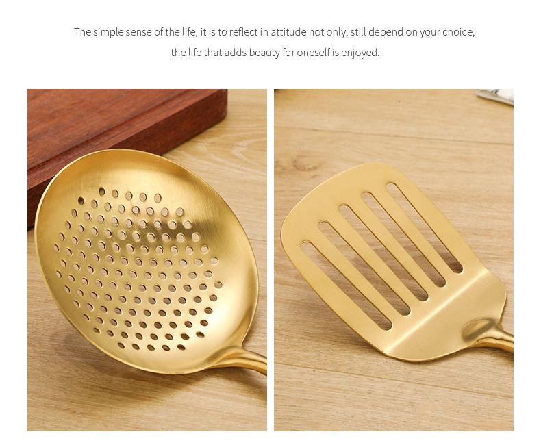 Gold Stainless Steel Kitchen Utensil Set: Shovel, Frying Spoon & Large Soup Spoon.