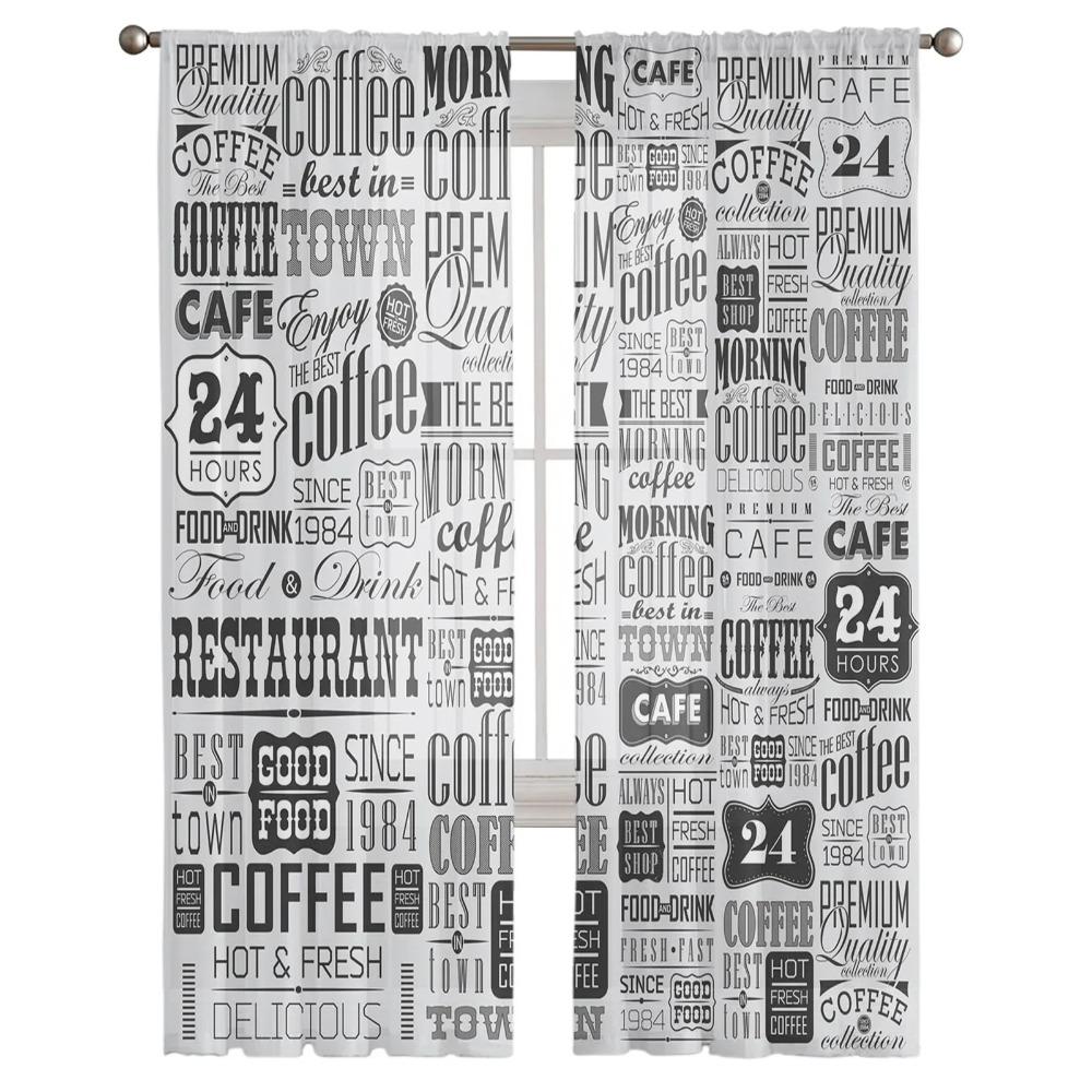 Vintage Text Coffee Tulle Curtains for Living Room Printed Sheer Voile Curtain Bedroom Window Screening Drapes Blinds Home Decor