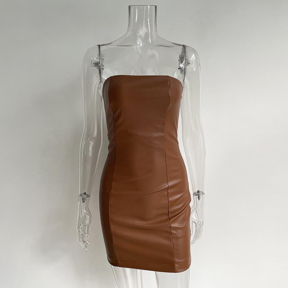 Strapless PU Leather Mini Dress Backless Outfits Summer Night Club Party Bodycon Dresses Sleeveless Solid S-L