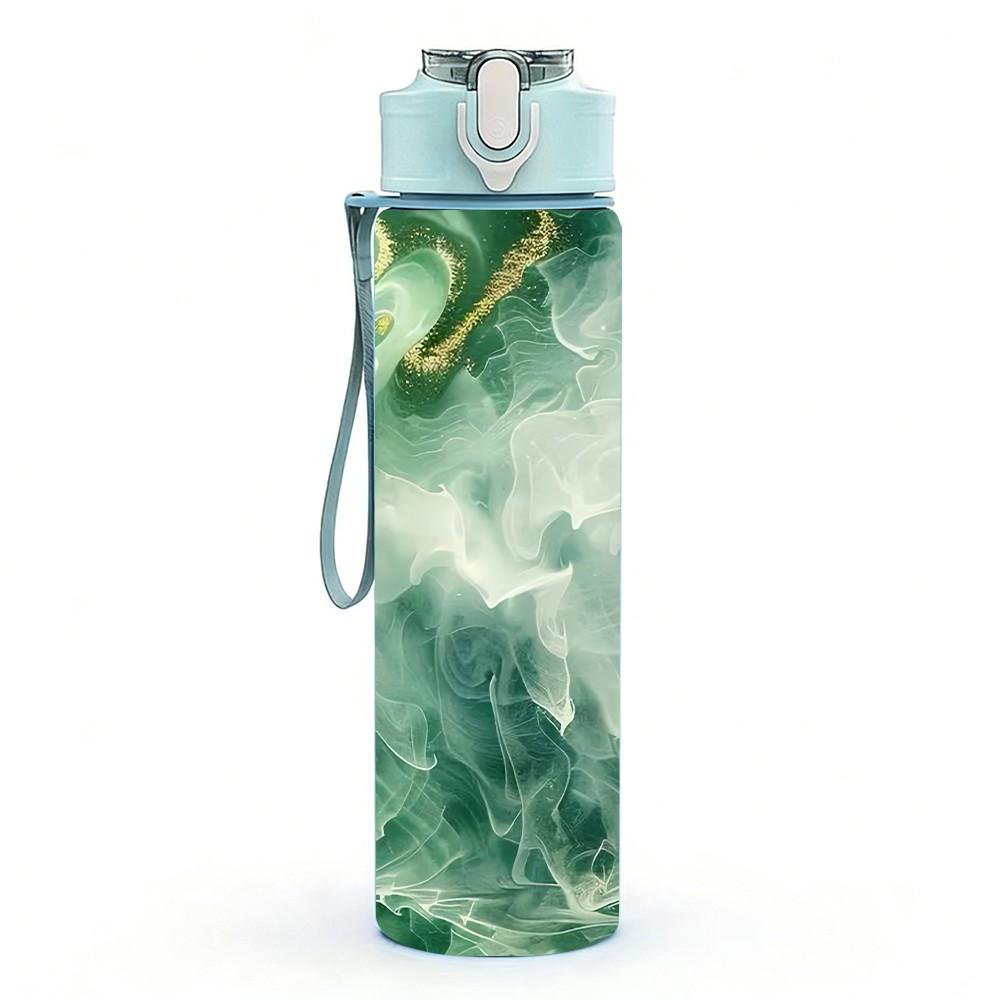 1PC Emerald Green Geode Marble Pattern 750ml Color Plastic Sports Water Bottle Leakproof Flip Straw Lid Suitable for Sports Office Home Use