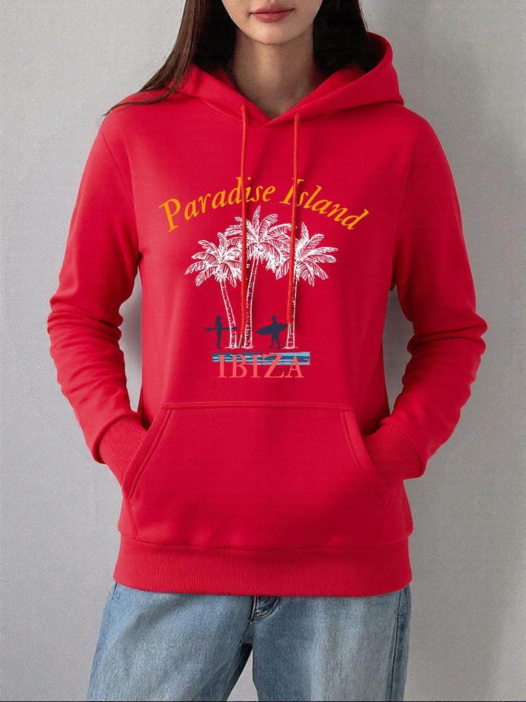 Paradiesinsel Ibiza Print Hoodie Damen Winter Fleece Warm Pullover Basics Tasche Sweatshirts Freizeit Locker Damenkleidung