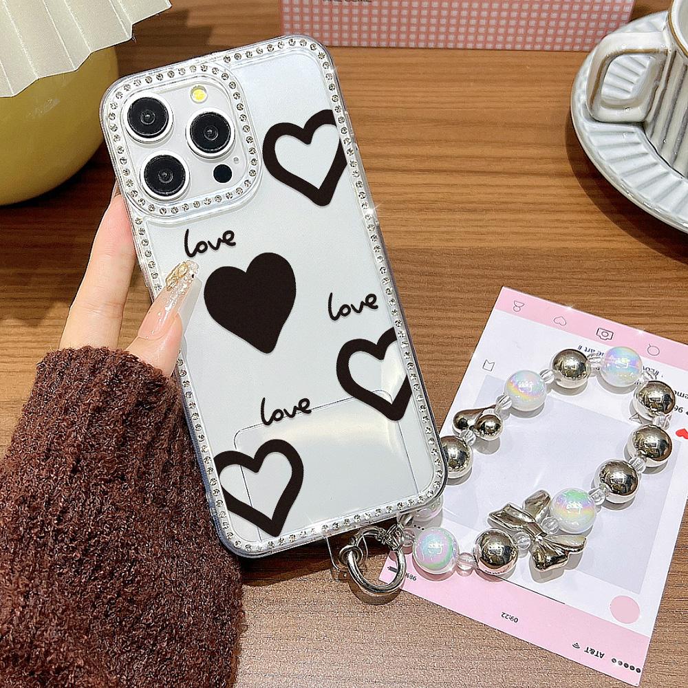 Bracelet Chain Phone Case For iPhone 17 16 15 13 14 for 17Air 17 12 14 16 Pro 17 14 16 Pro Max Sparking Diamond Cute Pattern Hard Cover With Lanyard