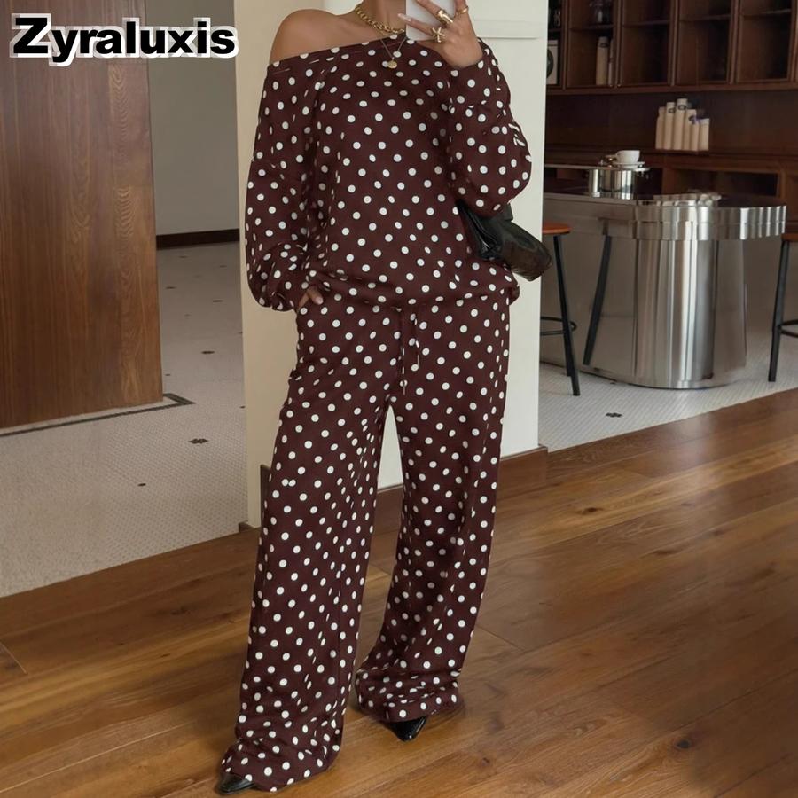 Damen Gepunkteter Aufdruck Ein Schulter Schräger Ausschnitt Langarm Tasche Kordelzug Hose Lässiges Set