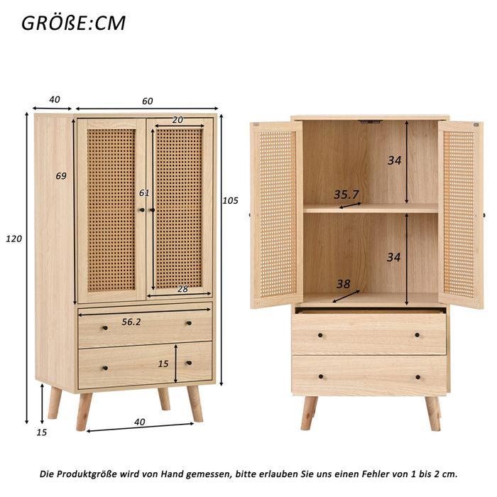 Buffet 60 x 40 x 120 cm chêne - 2 portes rotin, 2 tiroirs, 4 compartiments, meuble de rangement