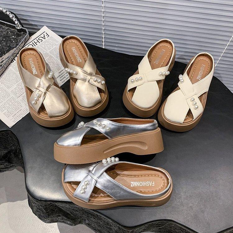 Baotou Half Slippers Women's 2025 New Summer Pearl Fashion Thick Bottom Heightening Design Sense One Pedal Lazy Half Tray