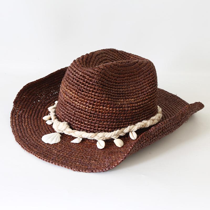 Summer Raffia Wide Brim Cowboy Hat Outdoor  Sun Protection Natural Straw  Hat Hand Crochet Raffia Cowboy Chain Sun Hat