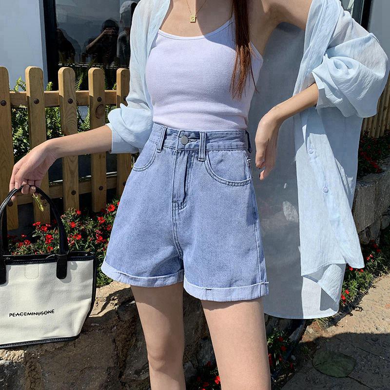 Women's High Waist Denim Shorts - Loose A-Line, Rolled Hem, Summer 2021, Korean Style Trend