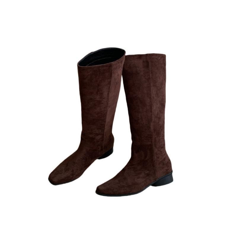 Europeisk station mocka spetsiga stövlar dam 2025 nya mångsidiga men knähöga stövlar platta höga stövlar ridstövlar