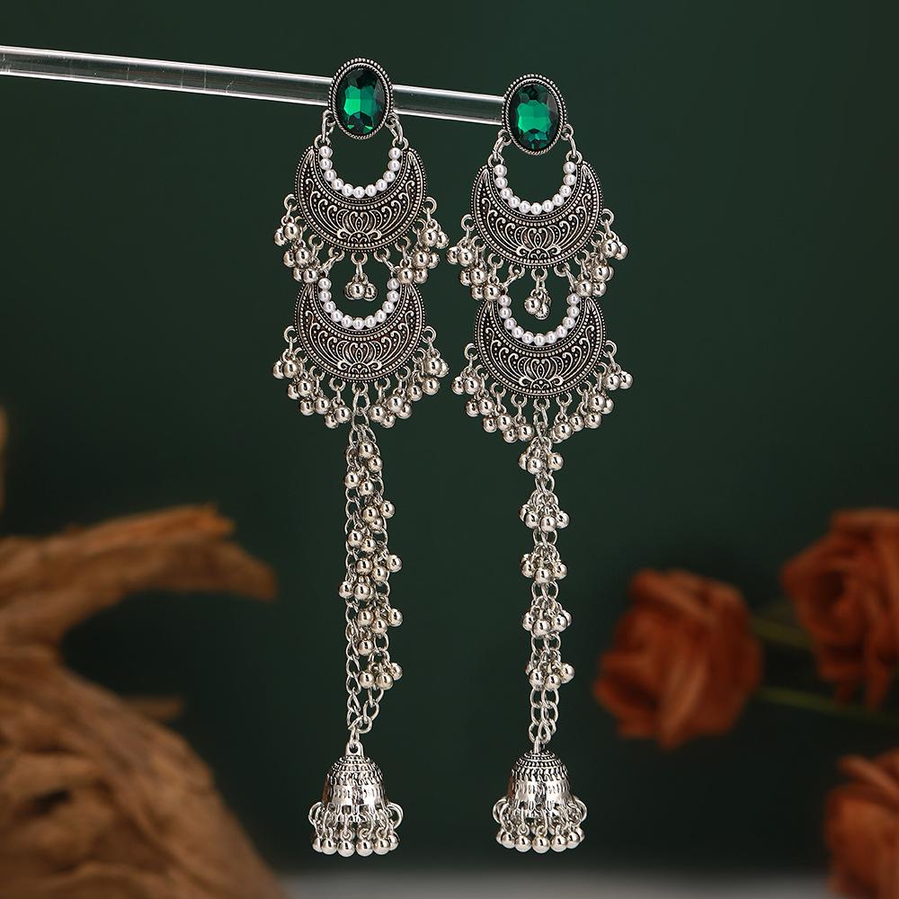 Vintage Bohemian Ethnic Style Bell Beaded Drop Long Tassel Dangle Earrings for Women