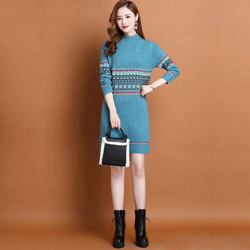 Slim Sweater Dress for Women In Winter Thickened and Warm Half Turtleneck Pullover Solid Color Casual Mid-length Knitted Sweater