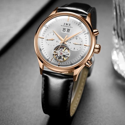 Carnival Men's Automatic Skeleton Leather Watch in Rose Gold and White