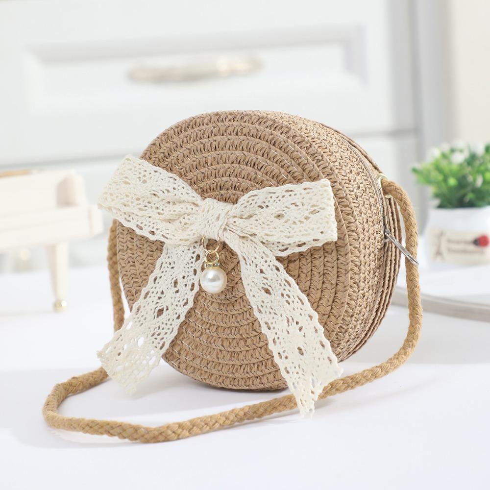 

Mini Lace Bow Straw Bag Hand-woven Round Summer Beach Bag Lightweight Zipper Kids Crossbody Purse кавовий
