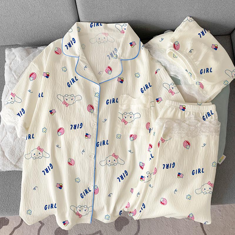 Summer Cartoon Milk Cute Jade Cinnamon Dog Pajamas Women'S Cloud Cotton Short Sleeves Cute Three-Piece Loungewear Can Be Worn Outside