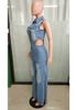 Slim Fit Elastic Washed Denim Jumpsuit
