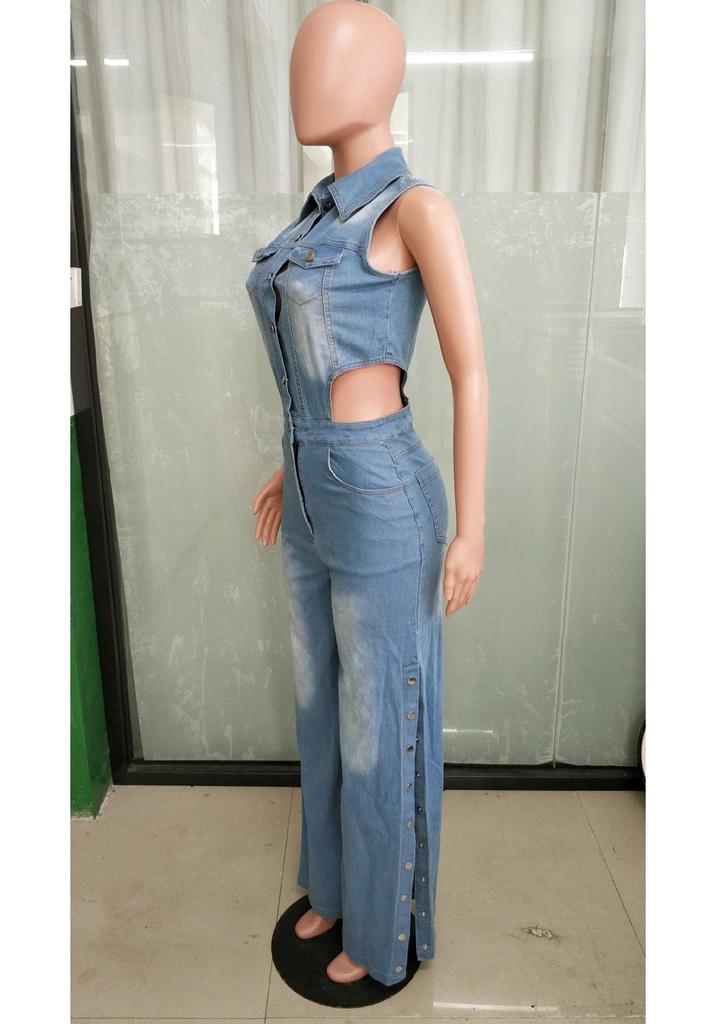 Slim Fit Elastic Washed Denim Jumpsuit