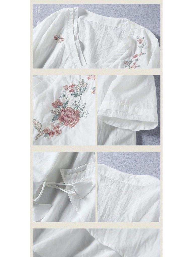 2024 Dámský top ve stylu zen, bavlněno-lněný, vyšívaný, se šikmým zapínáním, s polovičním rukávem, šněrovací