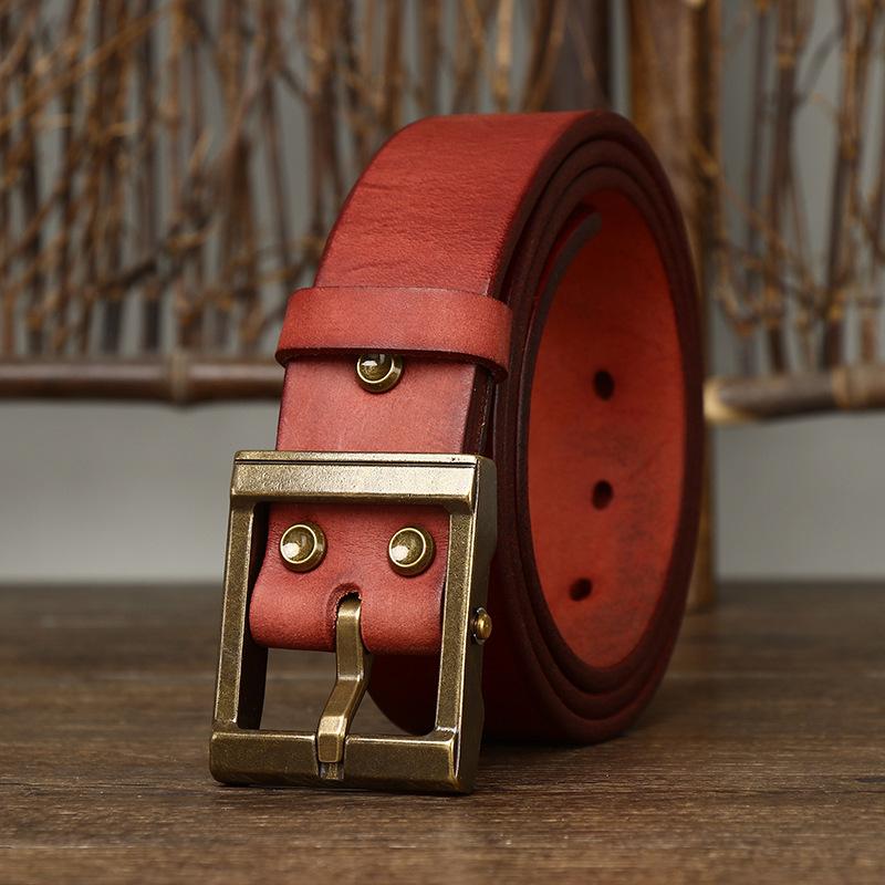 Men's Leather Belt Thickening Bolding Vegetable Tanned Full-Grain Leather Cowhide Brass Buckle Retro Genuine Leather Fashion