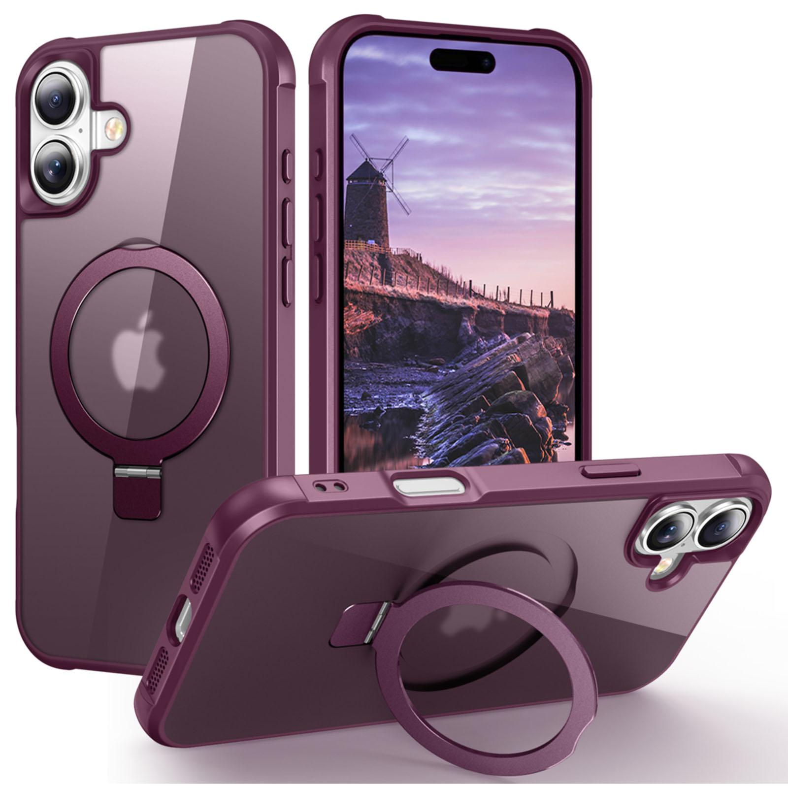 

For iPhone 16 Plus Case Compatible with MagSafe Ring Holder Kickstand TPU+PC Phone Cover Wine Red