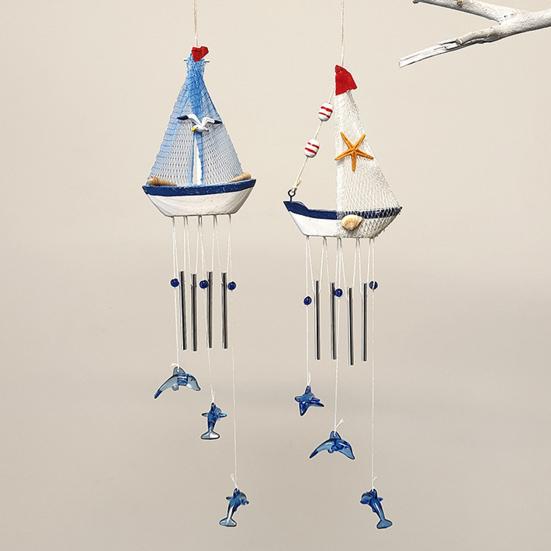 Blaues Segelboot Hängende Windspiel für Draußen Handgefertigtes Nautisches Windspiel für Außen Veranda Terrasse Garten Fenster Dekor