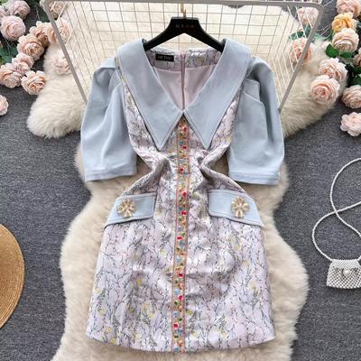 Autumn Elegant Jean Puff Sleeve Patchwork Jacquard Dress Woman's V Neck Petals Beading Flower Embroidery A Line Short Vestidos