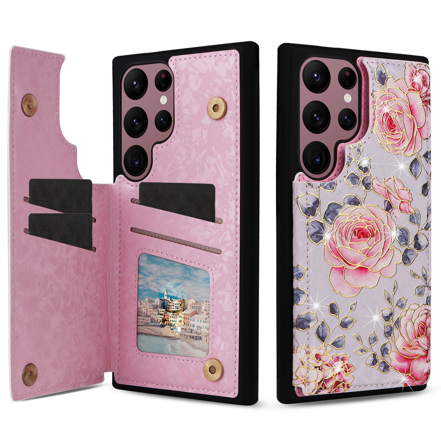 

For Samsung Galaxy S22 Ultra 5G Phone Case Kickstand Flower Leather Coated TPU Cover Rose