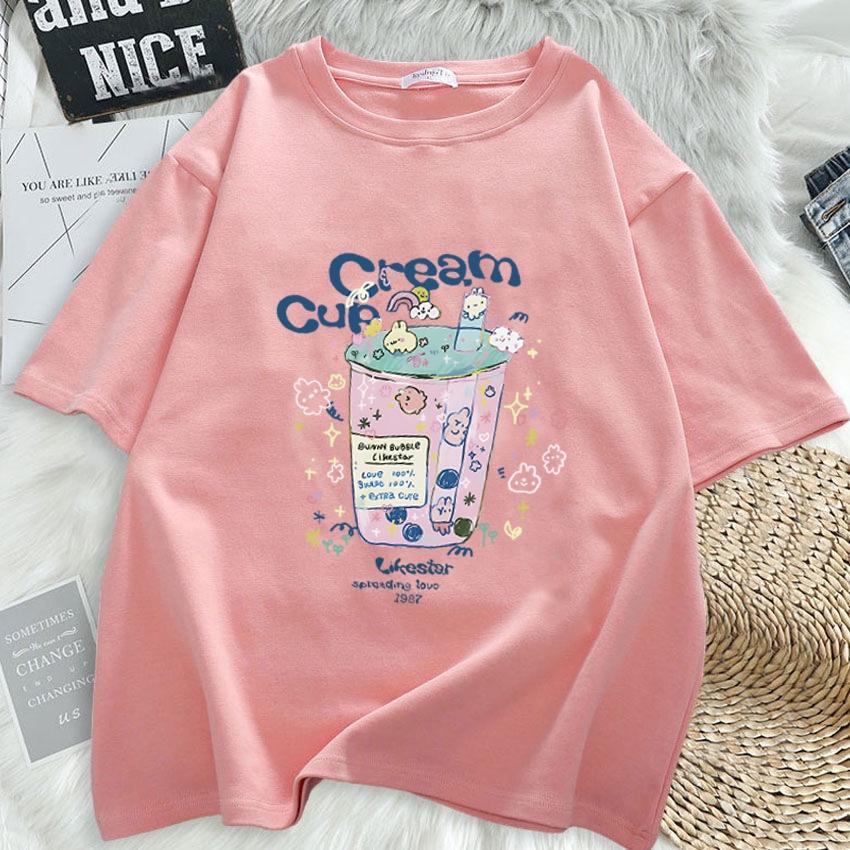 Summer Short Sleeve Tshirt Women Cartoon Print Round Neck Top Fashion Loose Tee