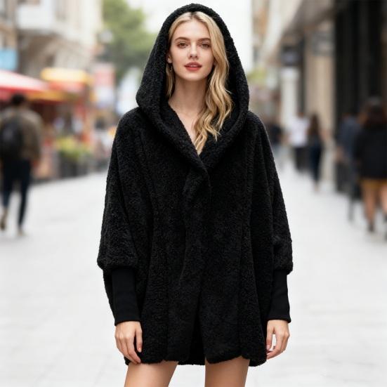 Dame Flochet Cardigan med Hætte Oversized Fleece Jakke Åben Front Sherpa Frakke Efterår Vinter Ydertøj med Lommer
