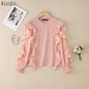 Women Casual Round Neck Ruffles Splice Long Sleeve Blouse