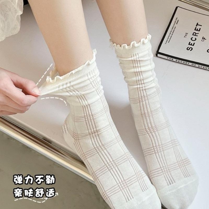 Cotton Ruffles Ankle Socks Women Lolita Cute Kawaii Korean Stocking Girl Spring Black White Middle Tube Japanese Sox