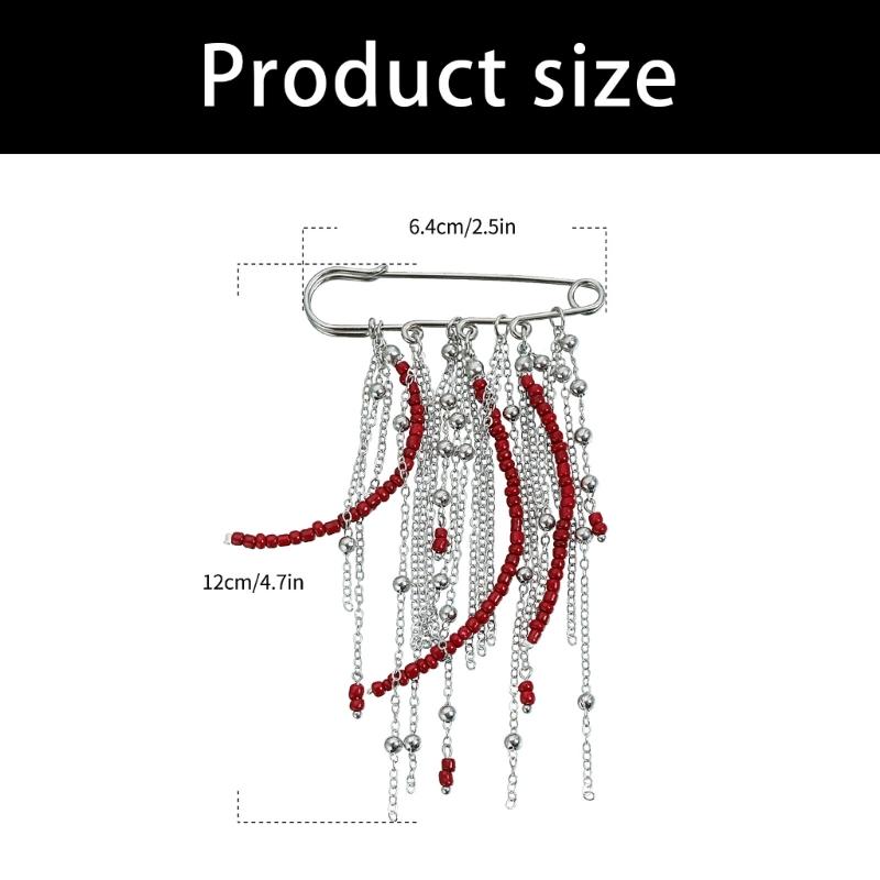 Retro Brooch Pin with Red Bead Accent and Flowing Tassels Detail Multi Chain Detail Alloy Corsage Stylish Enhancement