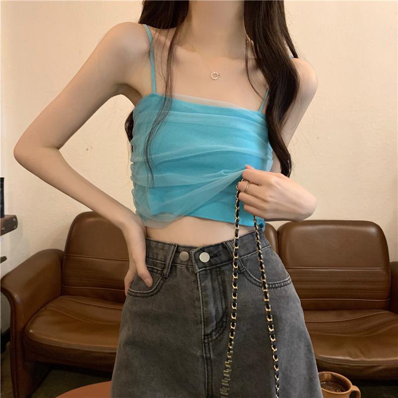 

Белая сетчатая майка на подтяжках для женщин, летняя, короткая, облегающая, без бретелек average size синий