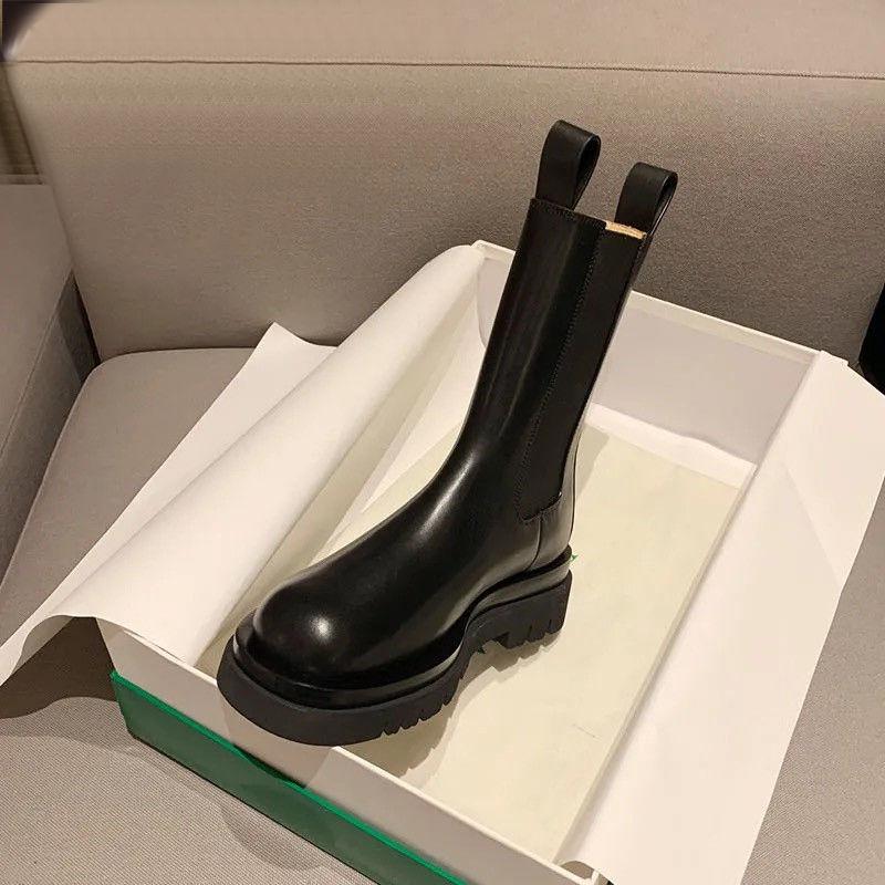 

Fashion Autumn Winter Black Warm Fleece-Lined Round Toe Platform Ladies Mid Calf Shoes Chic and Elegant Luxury Women s Half High Boots 35