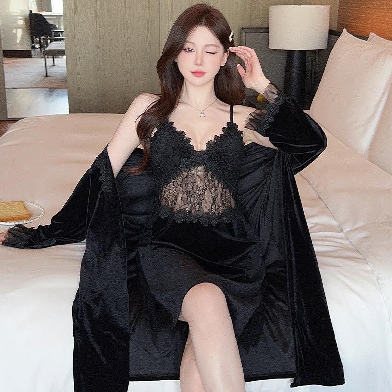 Temperament Pure Desire Slightly Transparent Lace Suspender Nightdress with Two-piece Set of Festive Atmosphere Style Atmosphere Home Clothes