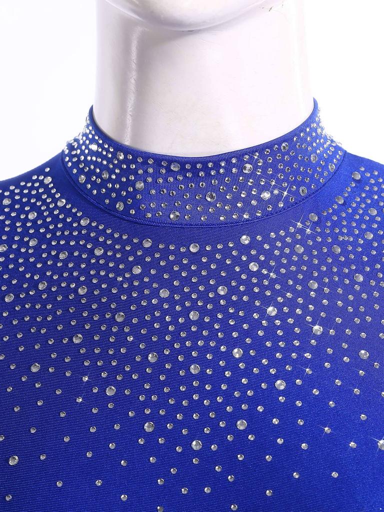 Womens Gymnastics Unitard Bodysuit Rhinestone Sheer Mesh Patchwork Cutout Back Full Body Jumpsuit Figure Skating Wear