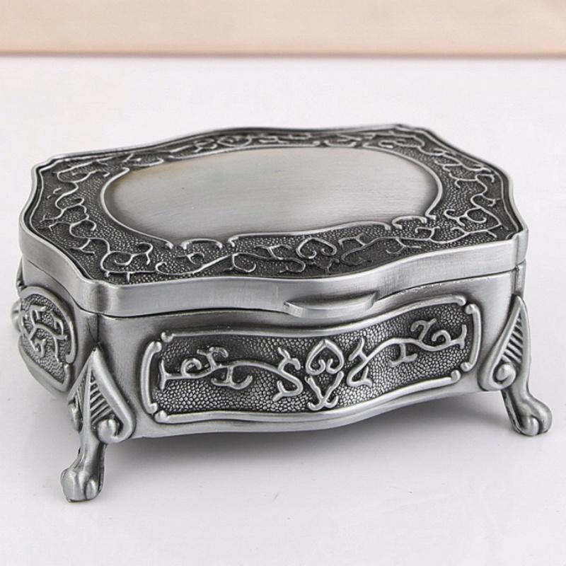 Jewelry Storage Box Ancient Silver Organizer Square Shape Alloy Storage Jar Earrings Ring Unique Gift for Family Dresser Display