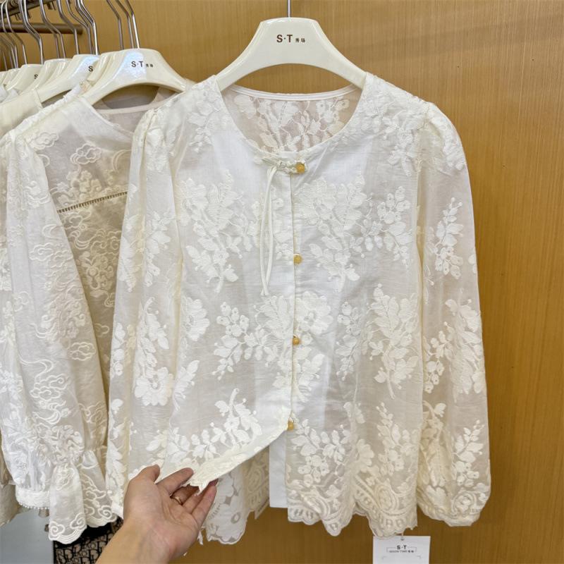 Women's 2026 Spring Jacquard Lace Puff Sleeve Blouse - Chinese Style, See-through Long Sleeve, Button-up Shirt