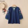 ZANZEA Women Casual V-Neck Retro Print Splice 3/4 Sleeve Loose Blouse