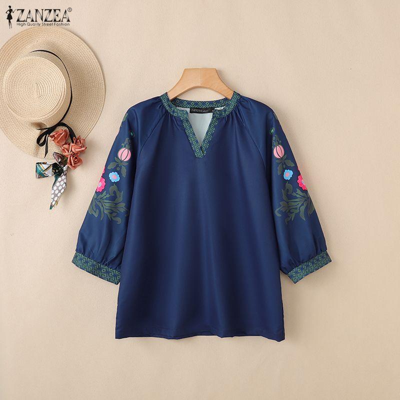 ZANZEA Women Casual V-Neck Retro Print Splice 3/4 Sleeve Loose Blouse