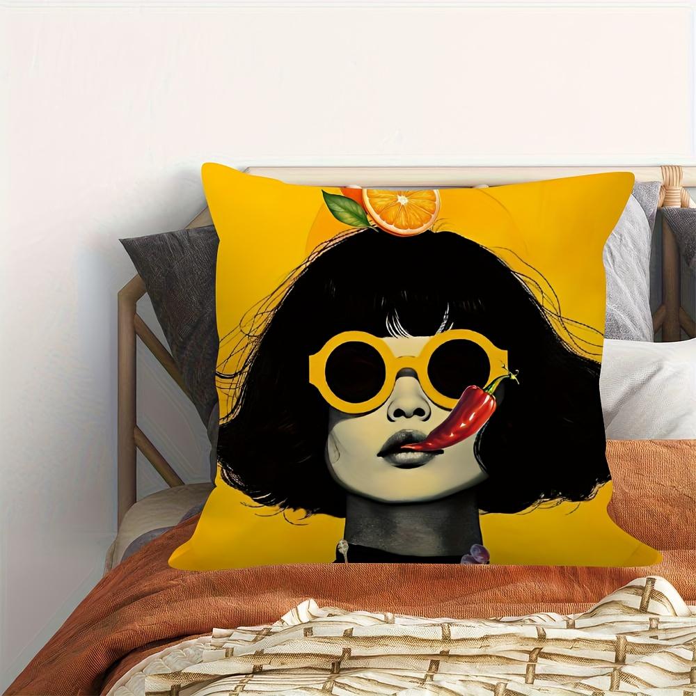 Pop Art Retro Mädchen Kissenbezug Kräftiger Gelber Druck Modefrau Mit Orangenem Chili Kissenbezug Für Sofa Bett Couch Heimdeko
