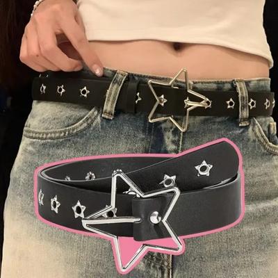 Women Belt Punk Style Rock Star Pattern Belt with Adjustable Hollow Hole Design Dresses Jeans Shirts Faux Leather Belt