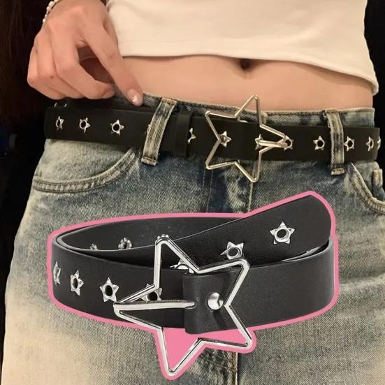 Women Belt Punk Style Rock Star Pattern Belt with Adjustable Hollow Hole Design Dresses Jeans Shirts Faux Leather Belt