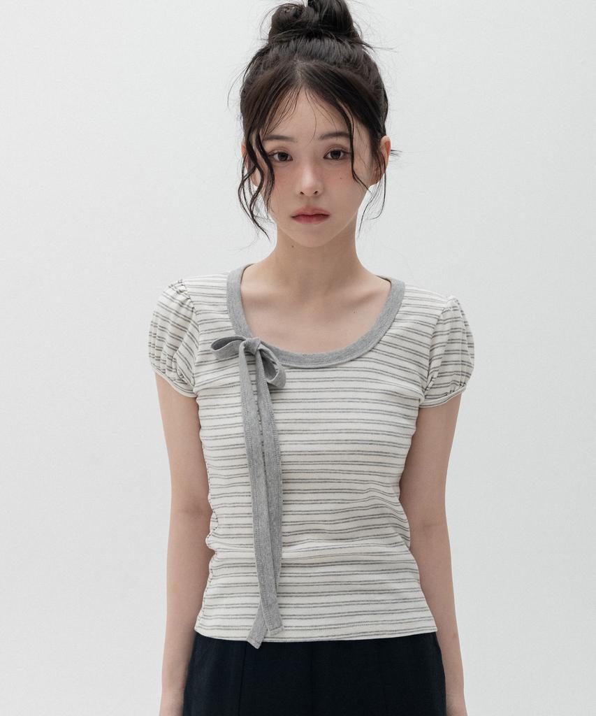 HIGH SCHOOL DISCO Striped Ribbon Puff Sleeve Short Sleeve_Melange Gray