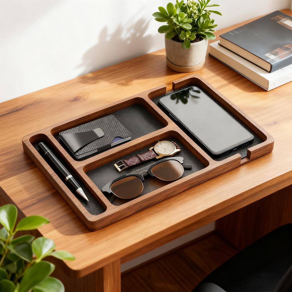 Paper Organizer Tray Natural Wooden Storage Box Table Top Organizer for Pens Cables Eyeglasses Cord Book Storage Entryway Living