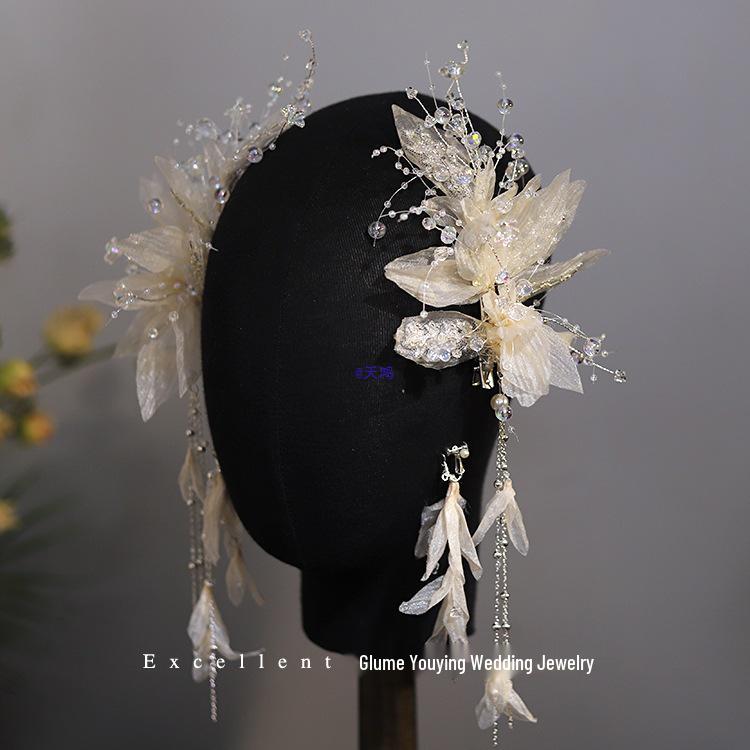 

Handmade Ethereal Crystal Bridal Headpiece & Champagne Floral Hair Accessories Set Floral Feather Ear Clip