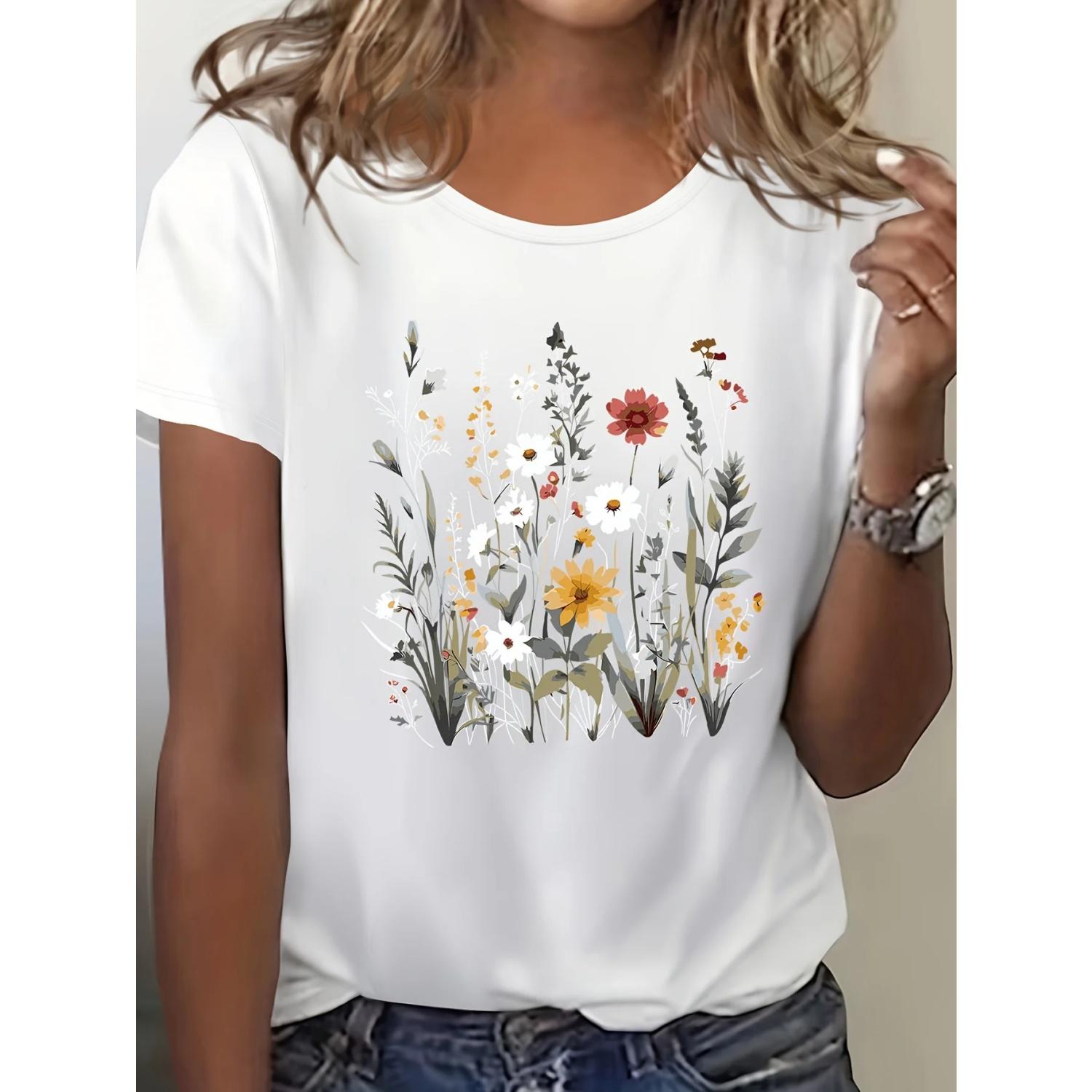 

Women s Floral Print T-Shirt Vibrant Blue Short Sleeve Crew Neck Top with Ladies T Shirts Natureinspired Design Comfortable Fit XXXXXL білий