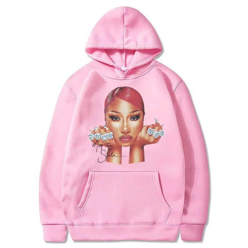 Rapper Megan Thee Stallion Face Print Fashion Hoodie 90s Vintage Hip Hop Men Women Sweatshirt Fleece Oversized Casual Streetwear